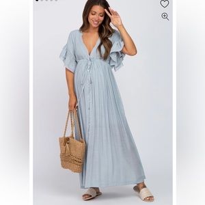 PinkBlush Light Blue Deep V-Neck Button Down Maternity Maxi Dress Size M